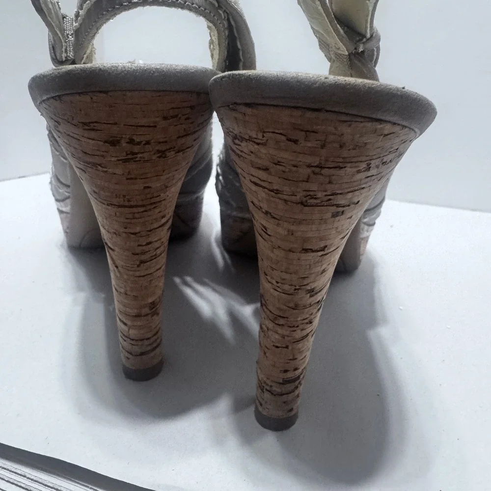 Nine West Pokero Taupe Leather Cork Slingback Heels tan leather 7.5 Boho Y2K